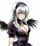  black_wings breasts cleavage doll_joints dress gothic hairband large_breasts long_hair osakana_(denpa_yun'yun) purple_eyes rozen_maiden silver_hair solo suigintou wings 