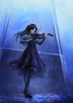  black_hair blue blue_eyes detached_sleeves dress instrument long_hair original pantyhose solo violin yoshimura_masato 