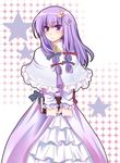  :&lt; adapted_costume bad_id bad_pixiv_id book bow crescent crescent_hair_ornament dress hair_bow hair_ornament holding long_hair no_hat no_headwear patchouli_knowledge purple_hair ribbon shino_(mijinko) solo star star_hair_ornament touhou 