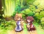  :3 animal_ears basket blonde_hair brown_hair cat_ears cat_tail chen chibi china_dress chinese_clothes closed_eyes dress earrings forest fox_ears fox_tail hands_in_opposite_sleeves jewelry kamisakai long_sleeves multiple_girls multiple_tails nature no_hat no_headwear outdoors tail touhou walking wide_sleeves yakumo_ran yellow_eyes 