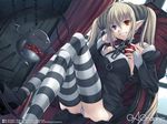  apple armchair chair crossed_legs demon_girl food fruit gagraphic gothic grin heterochromia horns keg pointy_ears sitting smile solo striped striped_legwear thighhighs twintails wallpaper 