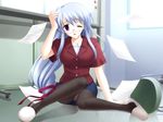  blue_hair fallen_down game_cg glasses jewelry koiiro_chu!_lips long_hair manabe_shizuku necklace odawara_hakone panties panties_under_pantyhose pantyhose pantyshot pencil_skirt pince-nez pink_panties purple_eyes ribbon skirt slippers solo teacher underwear 