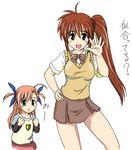  artist_request brown_eyes brown_hair heterochromia lyrical_nanoha mahou_shoujo_lyrical_nanoha_strikers multiple_girls school_uniform side_ponytail takamachi_nanoha translated vivio 