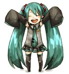  blue_hair buzz chibi closed_eyes detached_sleeves happy hatsune_miku long_hair necktie oversized_clothes sleeves_past_fingers sleeves_past_wrists solo thighhighs twintails vocaloid younger 