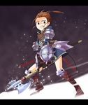  armor armored_dress axe brown_hair letterboxed mitsumachi_senji purple_background sekaiju_no_meikyuu shield sword swordsman_(sekaiju) weapon 