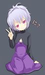  darker_than_black dress full_body grey_background head_tilt jitome kuro_(be_ok) long_sleeves looking_at_viewer pink_eyes purple_dress seiza short_hair silver_hair simple_background sitting solo v yin 