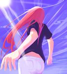  aozaki_aoko day denim foreshortening from_behind hands jeans lens_flare long_hair melty_blood pants red_hair senmu shirt sky solo tsukihime 
