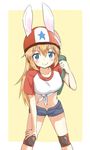  animal_ears backpack bag bent_over blonde_hair blue_eyes blush breasts bunny_ears charlotte_e_yeager ears_through_headwear hand_on_own_knee hatopoo_(beach7pijon) helmet knee_pads long_hair medium_breasts midriff navel raglan_sleeves shirt short_shorts shorts smile solo star strike_witches t-shirt tied_shirt world_witches_series younger 