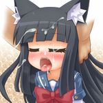  alexi_(tits!) animal_ears black_hair blush cat_ears closed_eyes cum facial felpurr hands_on_another's_head head_grab ken_to_mahou_to_gakuen_mono long_hair open_mouth ribbon school_uniform sweat tongue yellow_eyes 