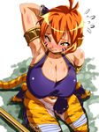  1girl arm_up armpits blush breasts breath_of_fire breath_of_fire_ii capcom circlet embarrassed fingerless_gloves gloves huge_breasts katt kneeling red_hair rinpoo_chuan short_hair solo staff steam sweat tail ten'aki_risu tiger_stripes 