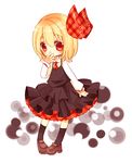  bad_id bad_pixiv_id black_legwear blonde_hair chibi covering_mouth hair_ribbon hand_to_own_mouth kneehighs looking_at_viewer lowres mogu_(lollysweet) plaid red_eyes ribbon rumia short_hair solo touhou 