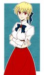  artoria_pendragon_(all) blonde_hair bow casual cosplay crossed_arms dress fate/stay_night fate_(series) genderswap genderswap_(mtf) gilgamesh hair_ribbon red_eyes ribbon saber saber_(cosplay) solo sss_f 