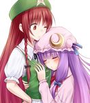  blue_eyes blush bow braid breast_grab breasts brown_hair closed_eyes commentary_request crescent grabbing hair_bow hat height_difference hong_meiling hug long_hair long_sleeves looking_down medium_breasts multiple_girls one_eye_closed open_mouth patchouli_knowledge purple_hair red_hair star suzushiro_yukari touhou twin_braids yuri 