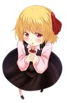  blonde_hair blush cassandra_(seishun_katsu_sando) from_above full_body hair_ribbon hands_clasped looking_up open_mouth own_hands_together red_eyes ribbon rumia solo touhou transparent_background 