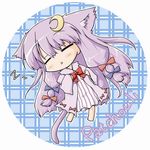  =_= animal_ears blue_bow bow cat_ears cat_tail character_name chibi crescent crescent_hair_ornament hair_bow hair_ornament hair_ribbon kemonomimi_mode neko_yume patchouli_knowledge purple_hair red_bow ribbon sleeping solo tail touhou tress_ribbon zzz 