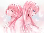  back-to-back bangs blue_eyes blunt_bangs collarbone commentary_request from_side long_hair megurine_luka migikata_no_chou_(vocaloid) multiple_girls nail_polish nekomura_iroha nude open_mouth pink_eyes pink_hair settyaro spot_color twintails vocaloid 