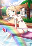  aqua_eyes bad_id bad_pixiv_id bikini blonde_hair day hair_ornament hair_ribbon hairclip kagamine_rin looking_at_viewer looking_back nekota_susumu open_mouth outdoors pool project_diva_(series) project_diva_f ribbon short_hair smile solo summer_idol_(vocaloid) swimsuit swimwear_(module) v vocaloid 