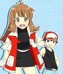  1girl alternate_costume bangs baseball_cap belt black_dress black_hair blue_(pokemon) blush borrowed_garments brown_hair cosplay couple dress gloves hat hetero long_hair open_mouth pokemon pokemon_(game) pokemon_rgby pumpkinpan red_(pokemon) red_(pokemon)_(cosplay) red_(pokemon_rgby) 