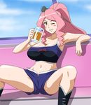  1girl alcohol battle_spirits beer beer_mug blush blush_stickers breasts large_breasts long_hair looking_at_viewer magisa midriff no_bra pink_hair shorts sitting solo spread_legs sweat tank_top teeth wink yellow_eyes 