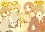  1boy 3girls bad_id bad_pixiv_id belt blonde_hair brown_eyes brown_hair dress gogo_mizuki kakine_teitoku long_hair misaka_mikoto mugino_shizuri multiple_girls pantyhose school_uniform shokuhou_misaki skirt sweater_vest symbol-shaped_pupils thighhighs to_aru_kagaku_no_railgun to_aru_majutsu_no_index yellow_eyes 