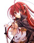  coat hand_on_hilt katana long_hair red_eyes red_hair school_uniform serafuku shakugan_no_shana shana short_sleeves solo sword tachitsu_teto weapon white_background 