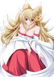  absurdres animal_ears blonde_hair breasts cleavage fox_ears highres long_hair multiple_tails red_eyes solo tail transparent_background wata_(akawata) 