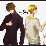  bad_id bad_pixiv_id blonde_hair bracelet brown_eyes brown_hair copyright_name cross cup drinking_glass fate/zero fate_(series) gilgamesh holding_cross jewelry kotomine_kirei letterboxed logo male_focus multiple_boys necklace red_eyes smskt_25 wine_glass 