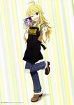  absurdres ahoge akai_toshifumi apron black_apron blonde_hair blue_pants brown_footwear clothes_writing green_eyes green_shirt happy highres hoshii_miki idolmaster idolmaster_(classic) long_hair official_art one_eye_closed open_mouth pants print_apron shirt smile tower_records 