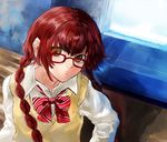  :&lt; bad_id bad_pixiv_id bow bowtie braid brown_eyes freckles glasses hair_over_shoulder harunoibuki long_hair looking_at_viewer original red-framed_eyewear red_hair school_uniform solo sweater_vest twin_braids upper_body 