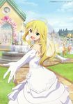  :d absurdres ahoge akai_toshifumi blonde_hair church cloud day dress elbow_gloves fountain gloves green_eyes highres hoshii_miki idolmaster idolmaster_(classic) long_hair looking_at_viewer official_art open_mouth scan sky smile solo veil wedding_dress white_gloves 