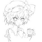  :o ascot blush chair cup face greyscale hage hat highres lineart looking_at_viewer monochrome open_mouth pinky_out remilia_scarlet short_hair sitting solo touhou tsurime upper_body 