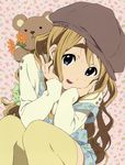  artist_request blonde_hair blue_eyes blush brown_legwear eyebrows flower hands_on_own_face highres k-on! kotobuki_tsumugi long_hair looking_at_viewer official_art open_mouth scan smile solo squatting stuffed_animal stuffed_toy teddy_bear teeth thick_eyebrows thighhighs 