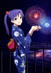  :d absurdres akai_toshifumi blue_hair brown_eyes city fireworks highres idolmaster idolmaster_(classic) japanese_clothes kimono kisaragi_chihaya long_hair looking_at_viewer night official_art open_mouth ponytail railing scan sky smile solo star_(sky) starry_sky water yukata 