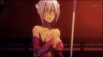  1girl animated animated_gif blush breast_grab breast_press breasts cleavage dark_skin fire gloss grabbing lance large_breasts long_hair lowres matsunaga_hisahide_(oda_nobuna_no_yabou) oda_nobuna_no_yabou polearm purple_hair sweat weapon yellow_eyes 