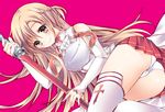  asuna_(sao) bare_shoulders blush breastplate brown_eyes brown_hair detached_sleeves holding long_hair long_legs panties simple_background smile solo sorai_shin'ya sword sword_art_online thighhighs underwear weapon white_legwear 