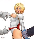  big_breasts blonde_hair blue_eyes boob_window breast_squish breasts cleavage clothed clothes_pull clothing dc_comics female flick-the-thief forced fur grey_body hair hand_holding huge_breasts human mammal muscles muscular_female open_mouth power_girl rape red_lips shiny short_hair side_view standing tight_clothing 