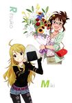  :d absurdres ahoge akizuki_ritsuko baby's-breath belt blonde_hair bouquet brown_hair character_name earrings fashion flower food glasses green_eyes happy highres hoshii_miki idolmaster idolmaster_(classic) iizuka_haruko jewelry legwear_under_shorts lily_(flower) multiple_girls necklace official_art onigiri open_mouth oversized_object pants pantyhose ponytail print_legwear red_flower red_rose rose scan shorts simple_background sleeves_pushed_up smile star star_print sunflower white_background yamaguchi_satoshi 