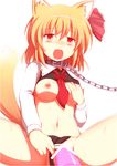  alternate_breast_size animal_ears bad_id bad_pixiv_id banned_artist blonde_hair blush breasts chain collar fang hair_ribbon kisaragi_zwei leash long_sleeves navel necktie nipples open_mouth pussy red_eyes red_neckwear ribbon rumia sex_toy short_hair small_breasts solo tail touhou white_background 