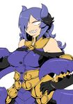  armor armored_dress breasts claws demon_girl elbow_gloves gloves grin hair_over_one_eye hand_on_hip horns jewelry large_breasts long_hair necklace nise_maou_kanizeru purple_hair sharp_teeth smile solo teeth tsukudani_(coke-buta) yuusha_to_maou 