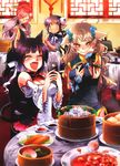  4girls :d ^_^ absurdres animal_ears bamboo_steamer baozi bare_shoulders black_hair blush breasts brown_hair cat_ears cellphone chair china_dress chinese_clothes cleavage closed_eyes detached_sleeves double_bun dress eating fang food hair_ornament hand_on_own_face highres holding iphone medium_breasts moeru_iphone_dokuhon multiple_girls open_mouth original phone pink_hair ponytail red_eyes scan sitting smartphone smile table tears yazumi_(yazzz) 