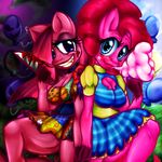  abstract_background alexaxes anthro anthrofied balloon blood candy clothing duo equine female friendship_is_magic hair horse knife long_hair looking_at_viewer mammal my_little_pony pegasus pink_hair pinkamena_(mlp) pinkie_pie_(mlp) pony smile square_crossover weapon wings 