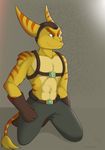  anthro belt biceps boots chest_tuft clothing fur gloves green_eyes holster kneeling lombax male muscles pants pecs pose ratchet ratchet_and_clank shoes shoulder_holster solo spinal22 topless tuft 