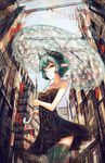  bare_shoulders city demon demon_girl dress fiend_(juniper's_knot) green_hair green_legwear highres horns juniper's_knot pointy_ears saimon_ma see-through short_hair solo strapless strapless_dress succubus thighhighs umbrella yellow_eyes zettai_ryouiki 