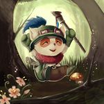  ^_^ animal_ears bad_id bad_pixiv_id belt blowgun closed_eyes flower fur gloves goggles goggles_on_head hat league_of_legends male_focus map mushroom scroll sibin signature solo teemo tree 