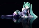  :o bare_shoulders black_background boots detached_sleeves green_eyes green_hair hatsune_miku hips kyokucho long_hair lying necktie on_side reflection reflective_floor simple_background skirt solo thigh_boots thighhighs twintails vocaloid zettai_ryouiki 