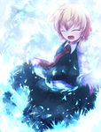  blonde_hair closed_eyes fang hair_ribbon highres kuroyume_(dark495) necktie open_mouth ribbon rumia short_hair skirt_hold smile solo touhou 