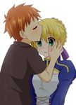  1girl artoria_pendragon_(all) black_hair brown_hair couple dress emiya_shirou fate/stay_night fate_(series) forehead_kiss green_eyes hetero kiss orange_hair saber shirt suta102 t-shirt tears translated 