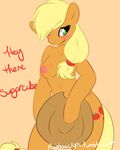  anthrofied applejack_(mlp) blush breasts covering covering_self cowboy_hat cutie_mark english_text equine female friendship_is_magic hair_over_eye hat horse mammal my_little_pony nipples nude plain_background pony rainbowclops solo standing text 