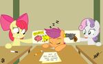  absurd_res amber_eyes apple_bloom_(mlp) brain color creating_art cub cute cutie_mark_crusaders_(mlp) drawing drewdini drooling english_text equine female feral friendship_is_magic fur group gun hair hair_bow hi_res horn horse humor joey-darkmeat mammal marker my_little_pony note orange_fur paper pegasus pencil pony purple_hair ranged_weapon red_hair saliva scootaloo_(mlp) sleeping smile sweetie_belle_(mlp) table text two_tone_hair unicorn weapon white_fur wings yellow_fur young 