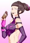  1girl agatadaigo breasts candy capcom chocolate erect_nipples fingerless_gloves food gloves glowing glowing_eyes gradient gradient_background grin han_juri jewelry mouth_hold nail_polish navel pink_background purple_eyes sideboob simple_background smile spikes street_fighter street_fighter_iv tank_top white_background 